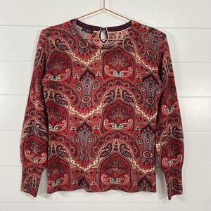Talbots Sweater Womens Petite Red Paisley 100% Merino Wool LongSleeve Southwest